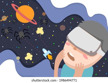 child wear a VR headset and enjoy in space game, cartoon flat design 