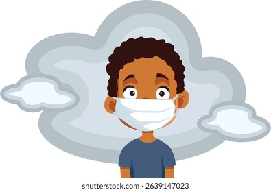 
Child Wearing Anti-Pollution Face Mask Vector Illustration. Unhappy little kid having respiratory problems in a polluted city
