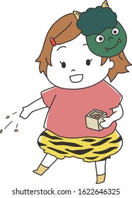 A child wearing a demon mask and pants