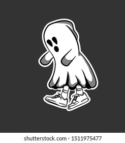 
a child wearing a ghost costume, with his shoes