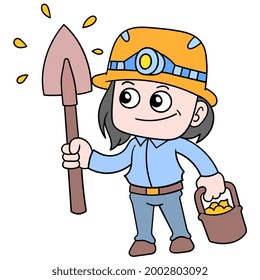 Das Kind trägt ein Goldbergbau-Outfit in reichlich Vektorgrafik. doodle-Icon-Bild kawaii.