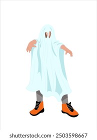 Child Wearing Halloween Ghost Costume.Cheerful halloween boy character isolated on white background Vector Illustration. 