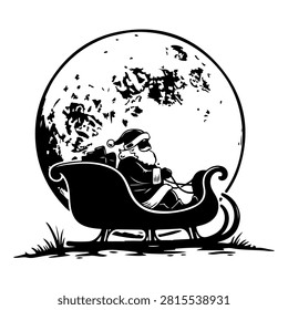 A child wearing a hat and scarf sitting on a sleigh beneath a large, bright full moon in a nighttime outdoor setting.
