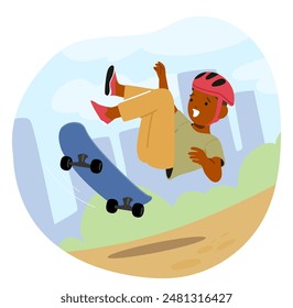 Child Wearing A Helmet Falling Off A Skateboard In An Urban Park Setting. Vector Scene Captures A Moment Of Surprise And Action, Emphasizing Safety And Adventurous Play. Colorful Cartoon Illustration