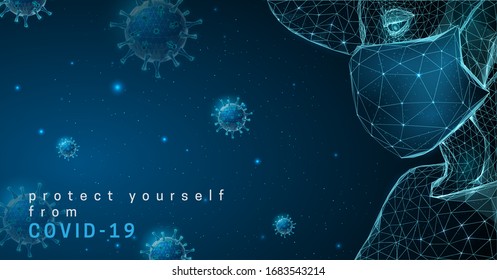 Child wearing medicine mask protecting from Coronavirus covid-19. Low poly style design. Abstract geometric background. Wireframe light  structure. Modern 3d graphic concept. Vector illustration.