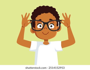 
Child Wearing New Eyeglasses Vector Cartoon Character. Cheerful kid wit new prescription spectacles 
