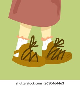 Child wearing oversized sandals illustration showing a pair of small legs in socks and frilly trim standing in comically large brown sandals against a green background.