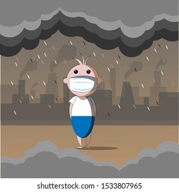 Child wearing protective face masks,factory pipes emitting smoke on background. Fine dust, air pollution, industrial smog, pollutant gas emission. Vector illustration. 