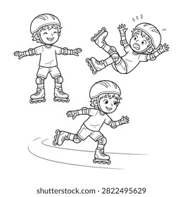 A child wearing safety gear rollerblading. The boy is shown standing, falling and skating. Illustrates the fun and learning process of inline skating for kids.