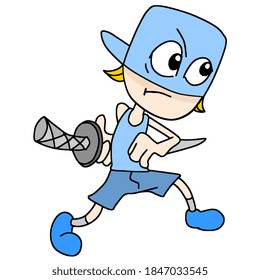 a child wearing a samurai costume acting would cut. cartoon illustration sticker mascot emoticon
