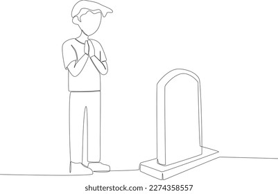 A child wearing short T  shirt is praying in front the grave  One line drawing