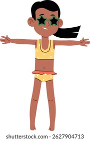 A child wearing star-shaped glasses and a polka dot swimsuit stands with arms outstretched in a playful cartoon style. The character's joyful expression. Cartoon vector illustration.