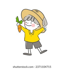 A child wearing a straw hat and holding a carrot and shovel