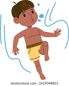 Uma criança usando troncos de natação é retratada em um estilo de desenho animado divertido soprando bolhas debaixo d'água.  Um jovem nadador gosta de diversão aquática salpicando na piscina. Ilustração de vetor de desenhos animados