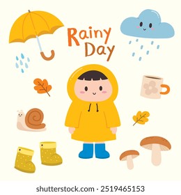 Child wearing a yellow raincoat. Rainy Day set of rainny, leaf, autumn, snail, umbrella, mug, mushroom, child, yellow raincoat, boots, cloud. 