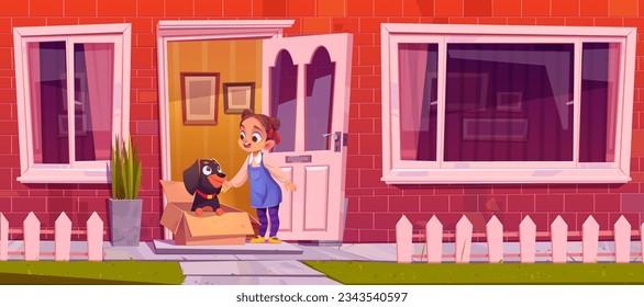 Child welcome dog in box at open house front door cartoon vector. Brick wall cottage facade and porch with step. Small dachshund and kid on doormat in village near road. Home exterior illustration