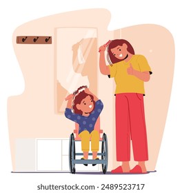 Niño En Silla De Ruedas Cepillarse El Cabello Con La Ayuda De Un Padre. Ilustración vectorial Destaca Temas De Autocuidado, Independencia Y Paternidad Solidaria Para Niños Con Discapacidades