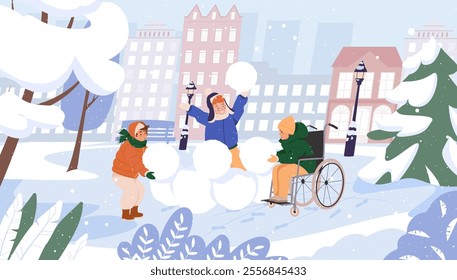 Child in wheelchair playing with children together making snow fortress. Cheerful friends having fun with snow, winter games, leisure outdoors activity cartoon flat vector illustration city background