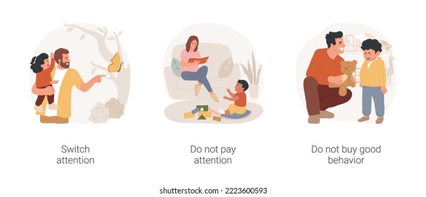 Child whims and impulses isolated cartoon vector illustration set. Parent deal with kid whims, switch mood, pointing finger, do not pay attention, mom looking away from toddler vector cartoon.