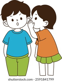 A child is whispering in his ear. minimal line art vector illustration. 