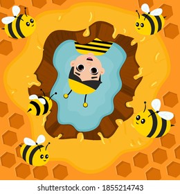 un niño que admira a las abejas preparando su miel en su colmena