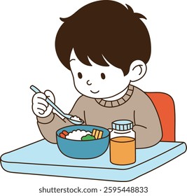 A child who eats in the morning. minimal line art vector illustration.