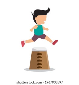 A child who is jumping a stack of blocks for the sport of high jump. For student dexterity exercises