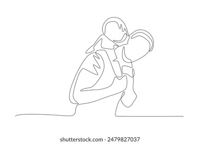 The child who kissed his father while being carried. Father's day concept one-line drawing