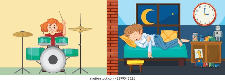 The child who is not affected by this situation despite the violent sound coming from the next apartment vector