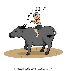 A child who is playing a flute on top of a buffalo.