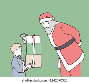 A child who received a lot of gifts from Santa Claus. hand drawn style vector design illustrations.