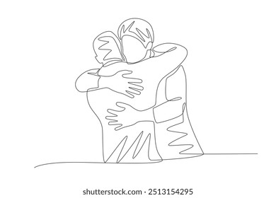 The child who returned home and wandered was hugged by his father. Returning home to their families concept one-line drawing