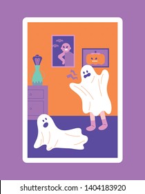 The child who scares the ghost with the bedspread and the child who falls in amazement. flat design style minimal vector illustration