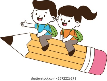 A child who sits on a large pencil and flies away. minimal line art vector illustration.