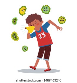a child who is sneezing and covering his nose with a handkerchief, when he sneezes he spreads the viruses