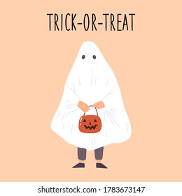 The child will disguise himself as ghosts. Halloween. Trick or treat text. Vector hand drawn illustation.