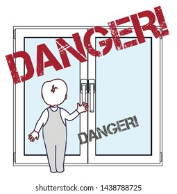 Child in the window,prohibiting sign.Child in danger.Vector image.