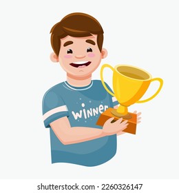 The child is the winner with a cup in his hands. Competitions, Olympiads, contests. Vector graphics , children's illustration