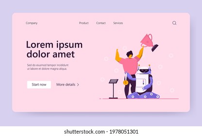 Child winning programming competition with electronic robot. Flat vector illustration. Young engineer getting prizes for robotic science project. Robotics, science, technology competition concept