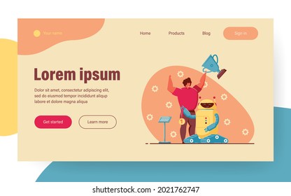 Competencia de programación con robots electrónicos que gana niños. Ilustración vectorial plana. Joven ingeniero recibiendo premios para el proyecto de ciencia robótica. Robótica, ciencia, concepto de competencia tecnológica