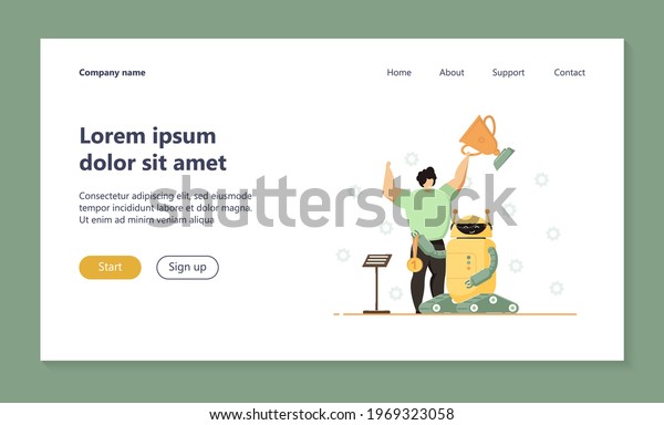Child winning programming competition with\
electronic robot. Flat vector illustration. Young engineer getting\
prizes for robotic science project. Robotics, science, technology\
competition concept