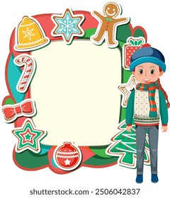 Child in winter attire with holiday decorations