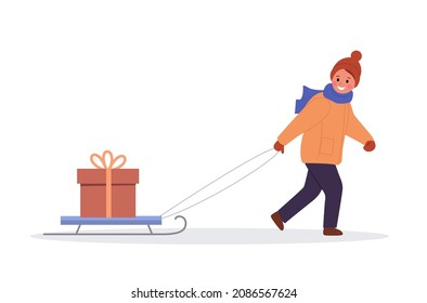 Child in winter clothes carries  sled with gift box isolated. Vector flat style illustration