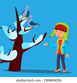 Child In Winter Clothes Looks Up To A Bird Sitting On Top Of Snow-Covered Tree Vector. Isolated Illustration