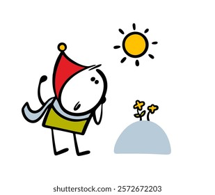 Child in winter clothes saw the first flowers. Vector illustration of stickman admiring plants in a snowdrift. Sun is shining brightly. Doodle character isolated on white background.