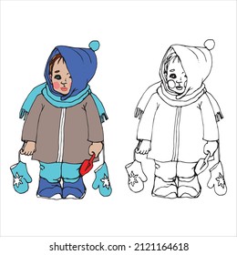 Child in winter clothes with scoop