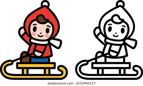 A child in winter clothes, smiling and sledding. Christmas concept. Simple icons, characters, clipart with bold black lines. Vector.	