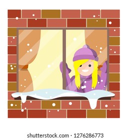 Child in winter clothes standing at the window with snow. Girl waiting for Christmas and new year. Decorated Christmas tree with lights. Brick house. Cartoon flat illustration