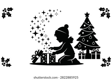 A child in winter hat opens wrapped gift box surrounded by stars and poinsettias