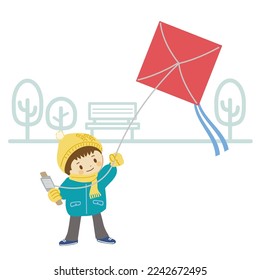 child in winter - It is an illustration of a boy flying a kite in a park.